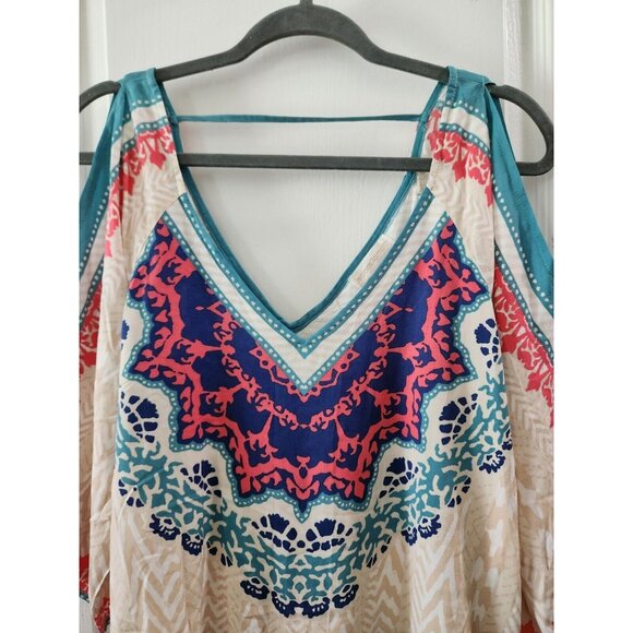 Jealous Tomato Women's V-Neck cold shoulder top‎ Bohemian Beach Rayon Size L - Picture 2 of 9